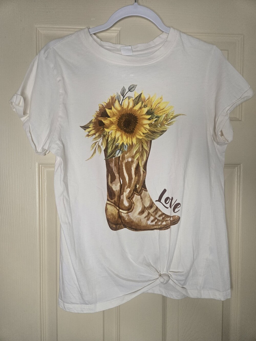 Women's Short Sleeve Tee with Sunflower Cowboy Boot Print